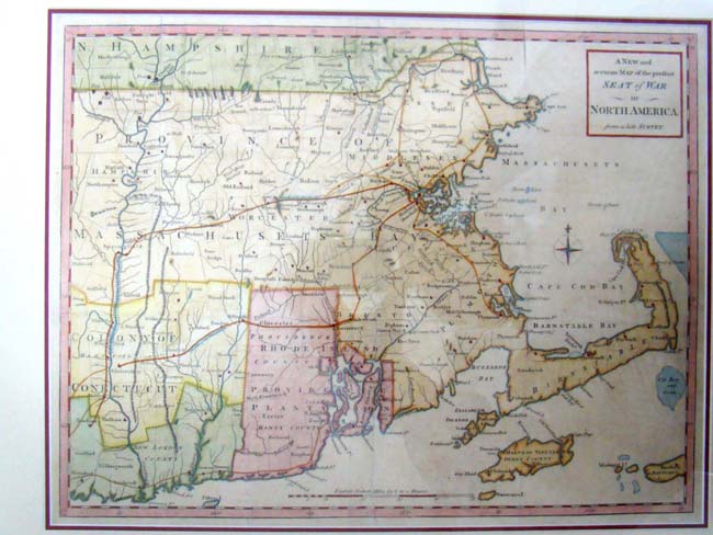 A Revolutionary War period map with original hand coloring entitled "A New  & Accurate Map of the Present SEAT of WAR in North AMerica circa 1780